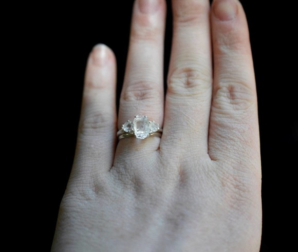 Wedding Set Oxidized or Bright Silver Ring Raw Stone Engagement Rings - Picture 5 of 10